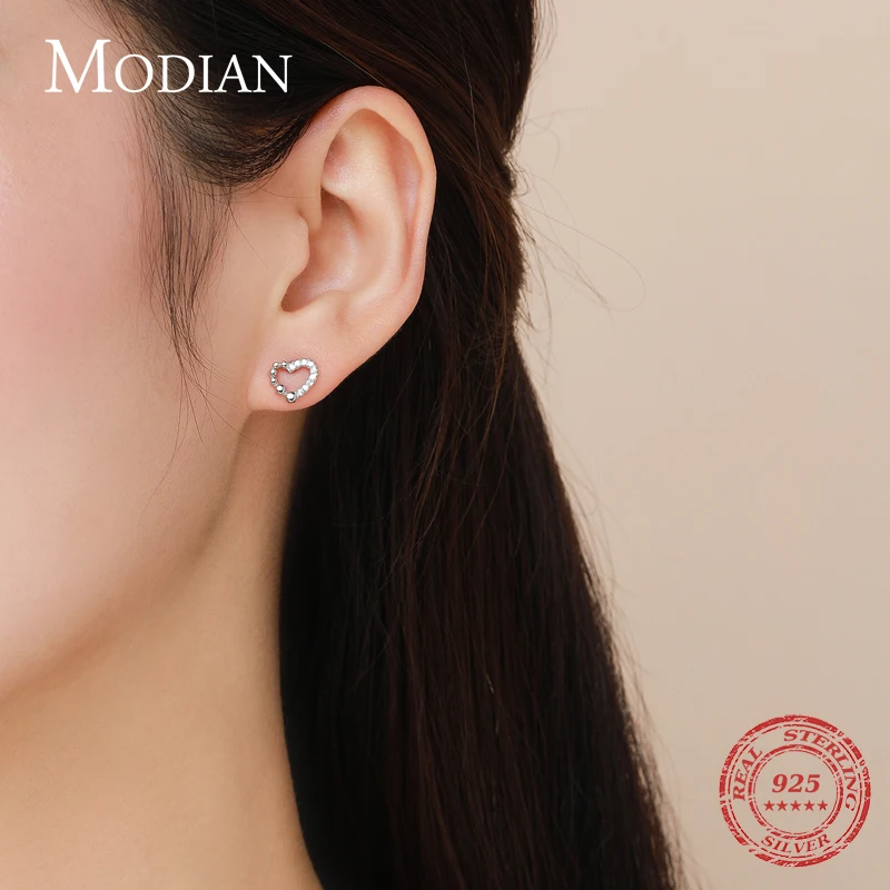 Modian Irregular Lovely Hearts Stud Earrings For Women Solid 925 Sterling Silver Clear CZ Classic Earring FashionJewelry Bijoux