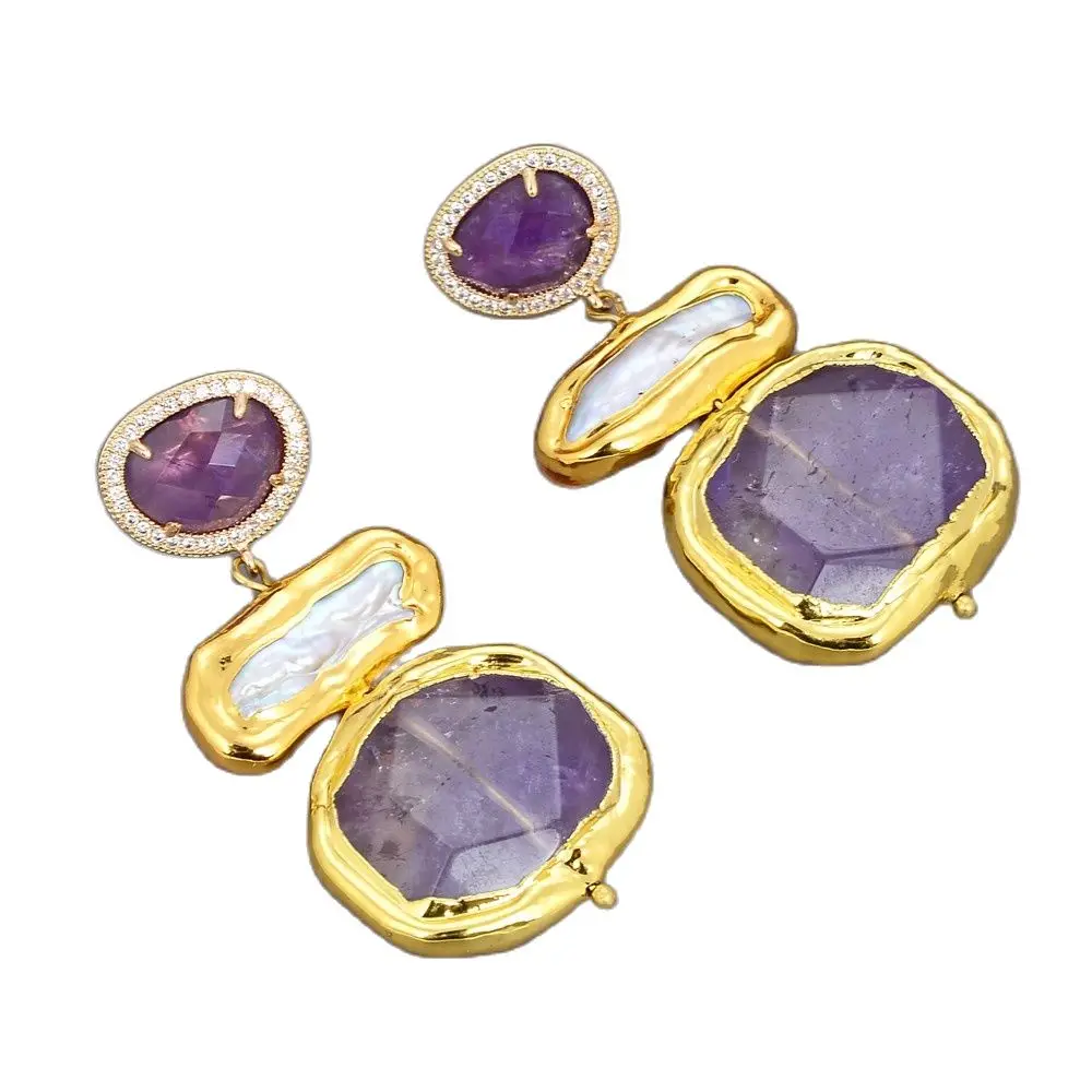 GG Natural Purple Nugget Amethyst White BIwa Pearl Gold Plated Drop Amethyst CZ Paved Stud Earrings