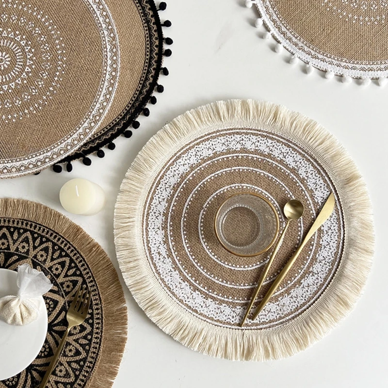 Creative Mandala Round Placemat Boho Woven Macrame Fringe Tassels Table Mat Heat Resistant Cup Plate Coaster Decor