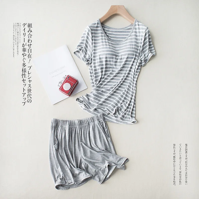 New Modal Lady Short Sleeve Pajamas Set with Bra Pad Bra One Piece Half Sleeve Shorts Striped Loose Large Size Home Wear Set
