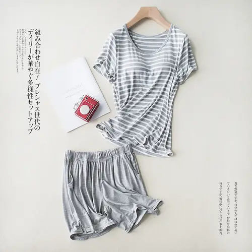 New Modal Lady Short Sleeve Pajamas Set With Bra Pad Bra One Piece Half Sleeve Shorts Striped Loose Large Size Home Wear Set - Image 5