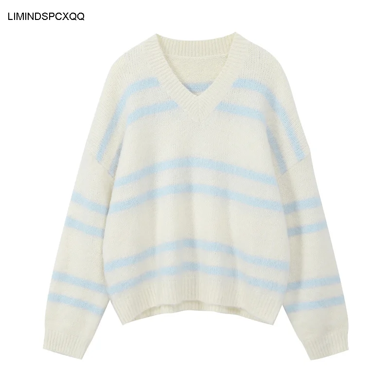 

Striped Vintage Knitted Sweater Women Apricot Pullover V Neck Knitted Cotton Tops Korean Harajuku Elegant Casual 2021 Knitwear