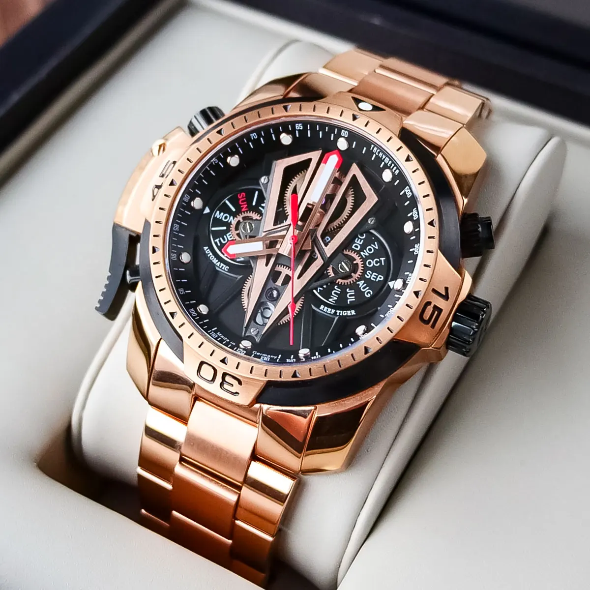 Reef Tiger/RT Top Brand Rose Gold Sport Automatic Stainless Steel Men Fashion Mechanical Bracelet Waterproof Watches RGA3591