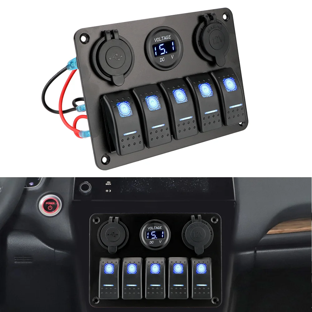 Dual USB Slot Socket 5 Gang LED Rocker Switch Panel With Fuse 12/24V Outlet Combination Digital Voltage Waterproof