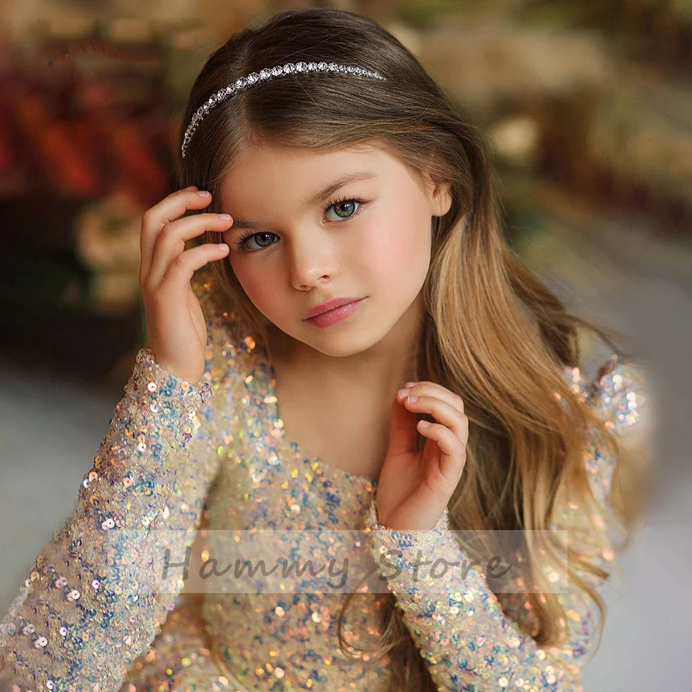 Charming Flowers Girls Dresses Customized Sequin Pleat Square Collar Full Sleeve Zipper Ball Gowns Novia Do 2021 New Party