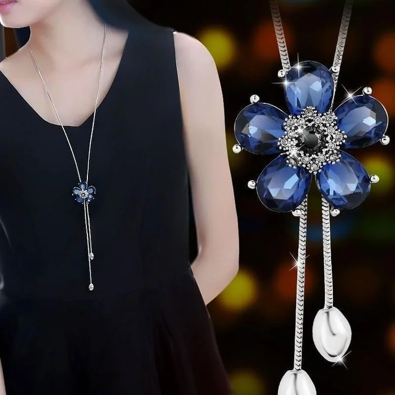 Fashion Crystal Bow Charm Sweater Chain Long Necklace Korean Tassel Zircon Rose Flower Pendant Necklace Jewelry for Women Gifts