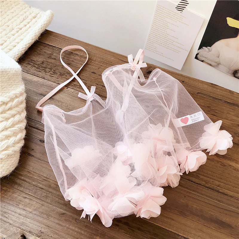 

Wriufred sexy petal bud bra set silk gauze transparent vest underwear set pajamas set nightie sweet fairy