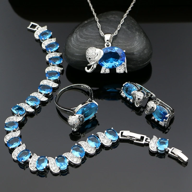 

Elephant Silver 925 Jewelry Sets for Women Sky Blue Stones White Crystal Stud Earrings Pendant Ring Bracelet Necklace Set