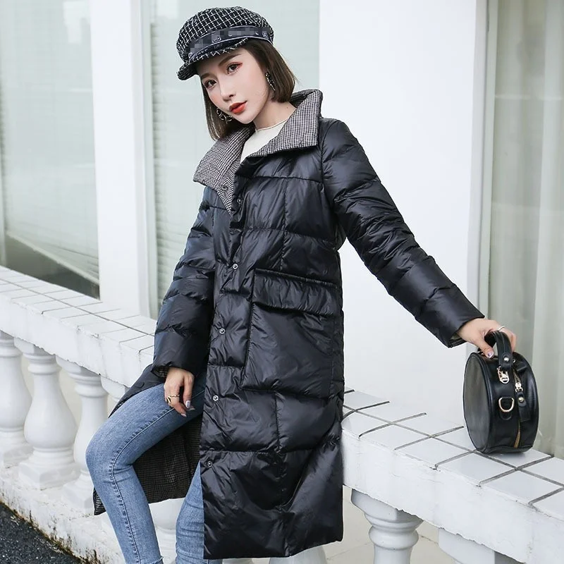 Winter 2022 Women Thin Down Jacket White Duck Down Single Breasted Long Sleeve Warm Coat Parka Female Double-Sided Long Overcoat