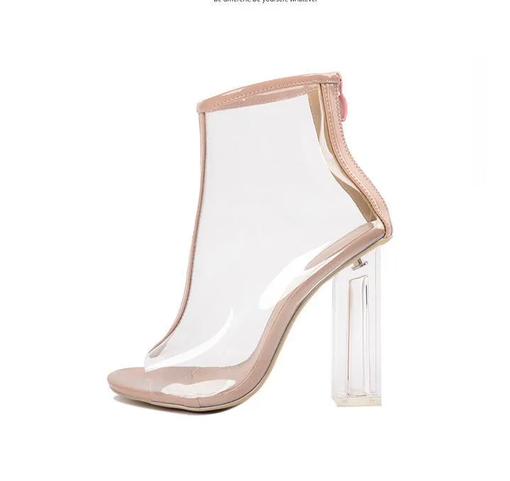 

Summer Ankle Boots For Woman Summer Sandals Transparent PVC Open Toe Pumps Apricot High Heels Stilettos Rain Boots Gladiator