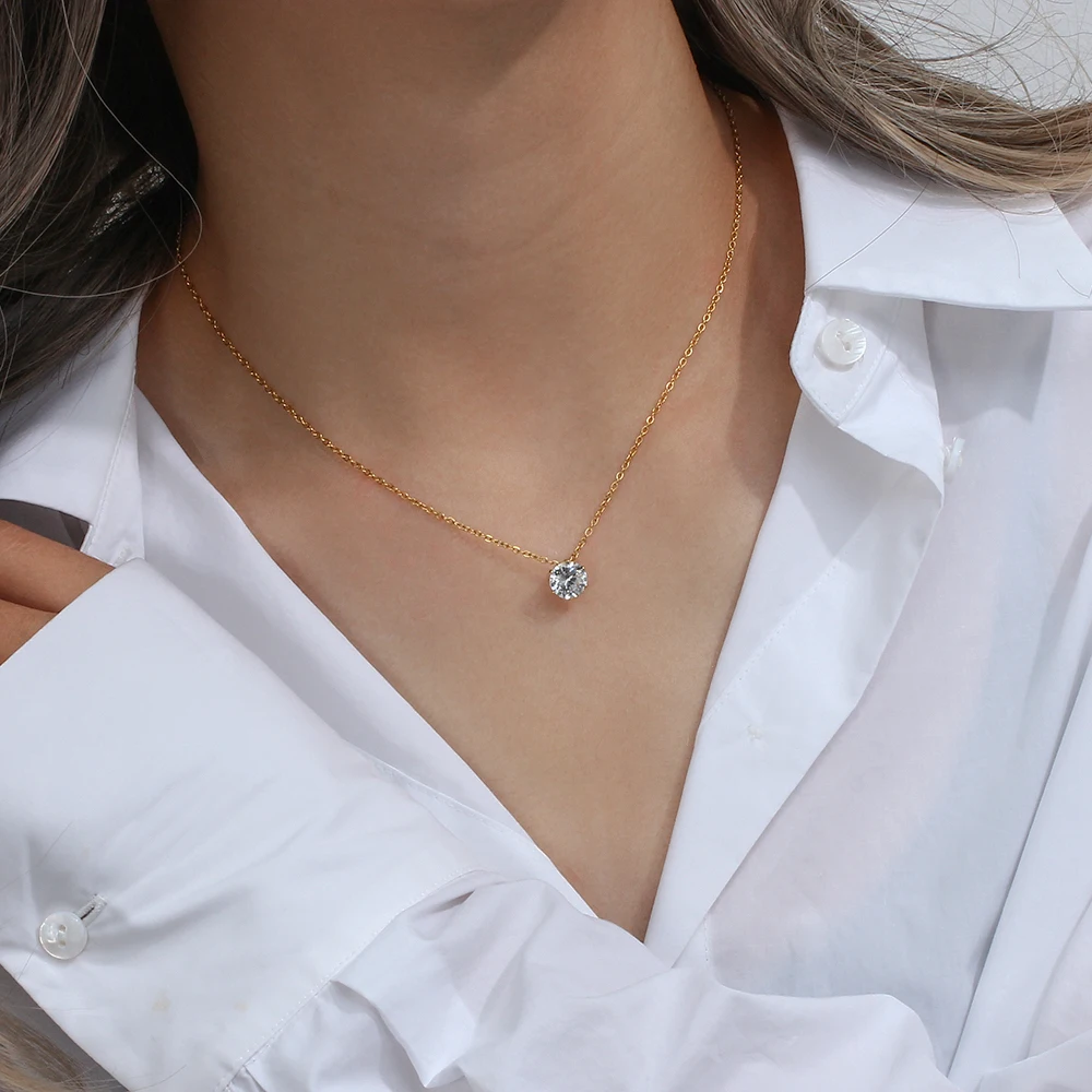 E.B.belle  Stainless Steel PVD Plated 3A Zircon Stone Crown Pendant Necklace Ladies Minimalist Weddng Party Crystal Necklace