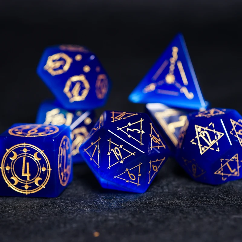 Blue Cats Eye Roll Dice Set Magic Matrix Symbol Sign Polyhedral Dice Stone Platonic Geometry Dice For D&D RPG Cthulhu Table Game