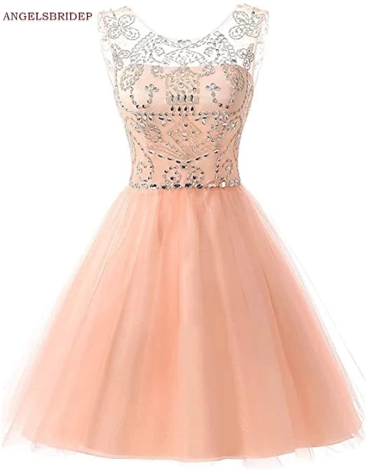 

ANGELSBRIDEP Scoop Tulle Homecoming Dresses Luxury Beaded Crystal Mini Vestidos De Festa Special Occasion Graduation Party Gowns