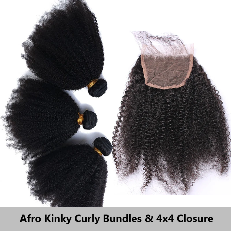 Mongolian Afro Kinky Curly Hair Bundles Natural Raw Human Hair Bundles With Closure 4B 4C Extension Weave Weft Hair For Blacks