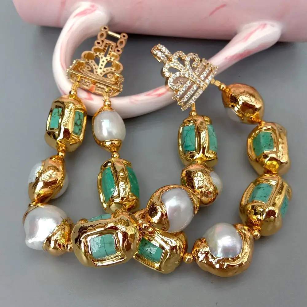 KKGEM  Luxury style 13x20mm Green Turquoise nugget White Freshwater Pearl With Electroplated Edge Bracelet