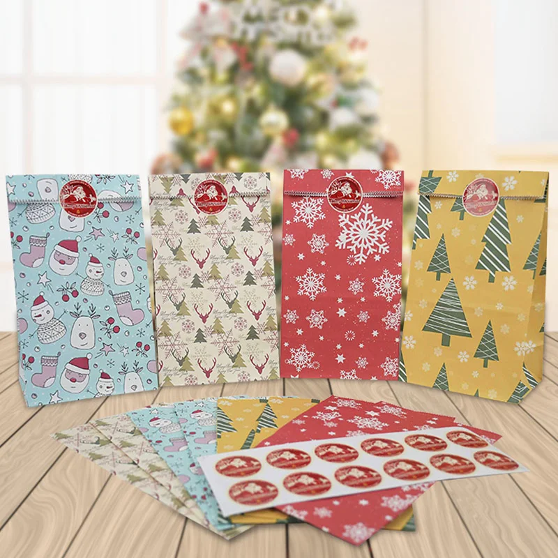 12Pcs Christmas Gift Bag Kraft Paper Candy Cookies Bag With Sticker Christmas Tree Food Packing Bags Xmas Birthday Party Decor