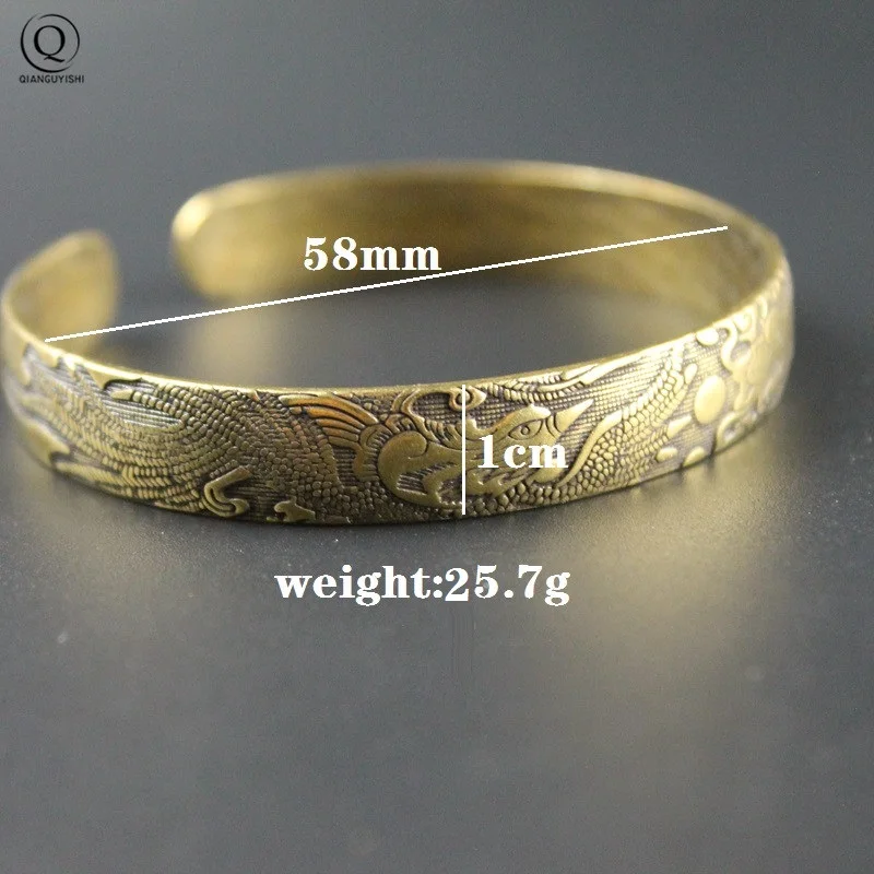 Retro Brass Dragon Phoenix Pattern Princess Bangle Classic Pure Copper Open Bracelet Ancient Women Wristband Valentine\'s Gifts