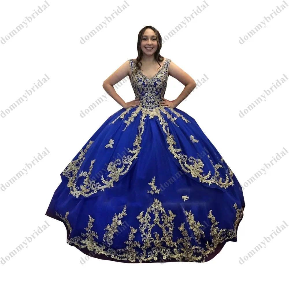 2022 erstaunliche v-ausschnitt Royal Blau und Gold Stickerei Quinceanera Cocktail Abendkleider Sheer Straps Korsett Vestido De 15 Günstige