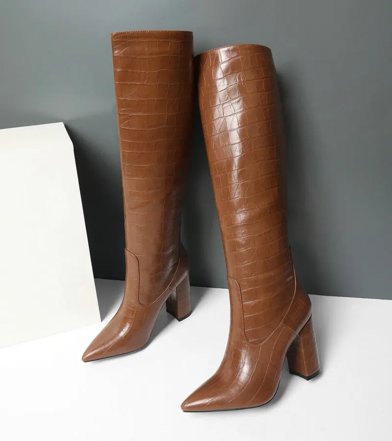 Brown Crocodile Print Knee High Boots Brand Women Boots Faux Leather Pointed Toe Square High Heel Long Boots Winter Boots Woman