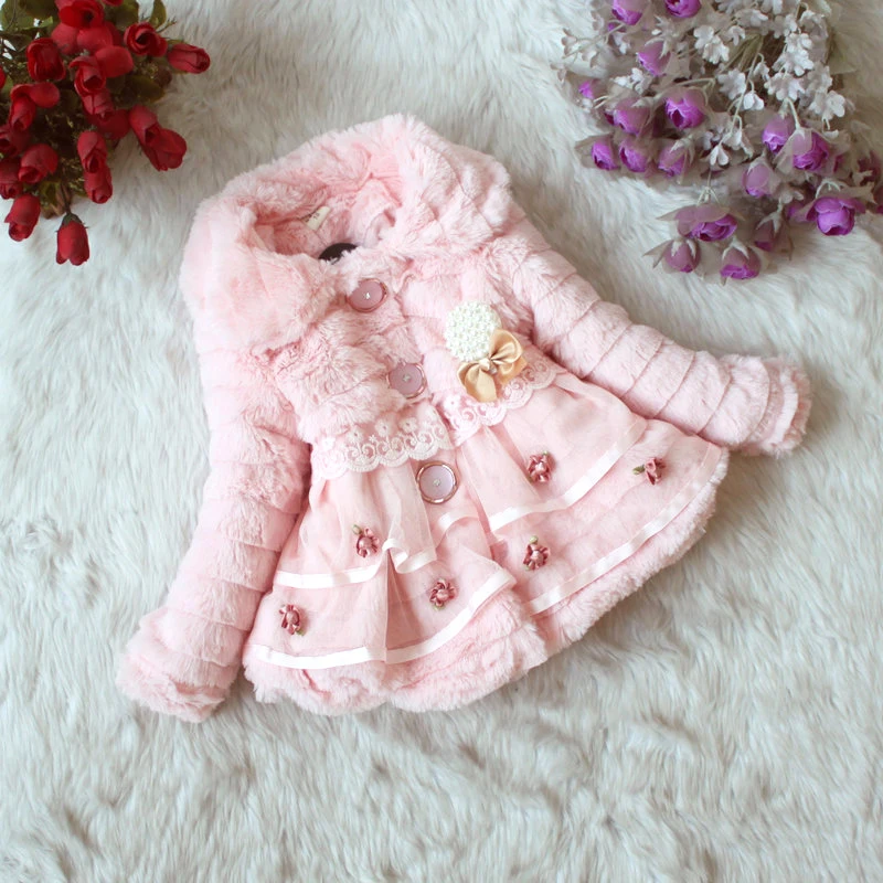 Fashion Kids Faux Fur Coat Autumn Winter Warm Plush Baby Jacket Christmas Cute Floret Lace Princess Outwear Toddler Girl Clothes