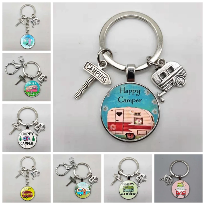 Happy camping Cute Travel Car I Camp camper key Road sign Keychain Glass Cabochon Traveler Key Chain goddess charm wholesale