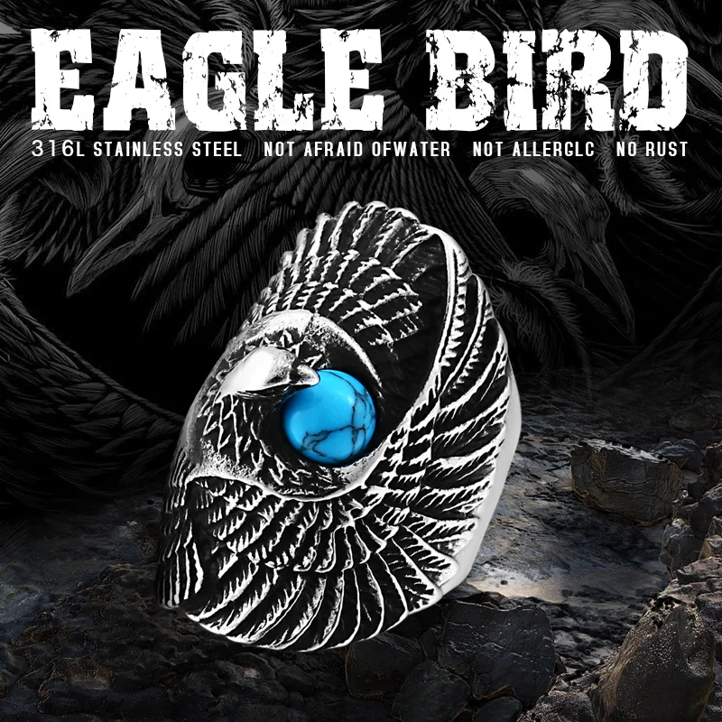 Beier 316L stainless steel Classic Eagle Green Stone Men\'s Ring Punk Animal High Quality Jewelry LLBR8-144R