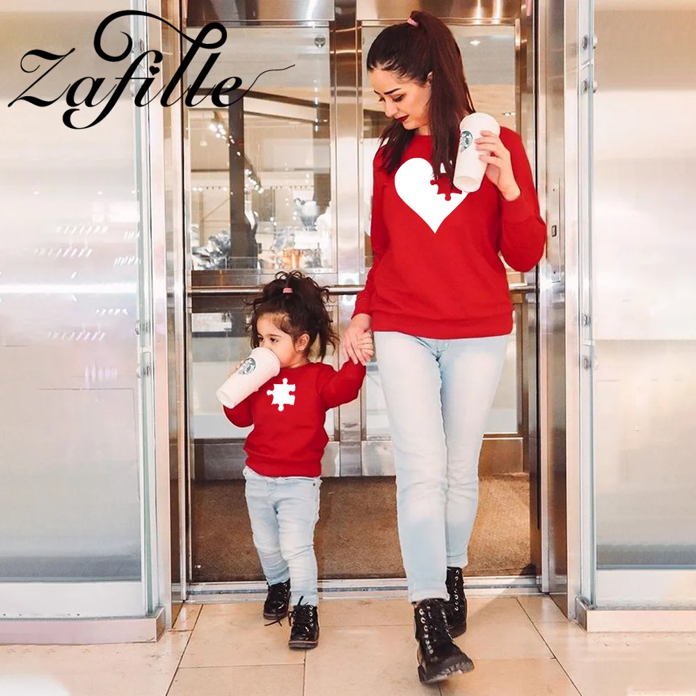 

ZAFILLE Heart Print Mother Kids Family Hoodies Valentine's Day Clothes For Mom And Daughter Solid Color Family Matching Outfits