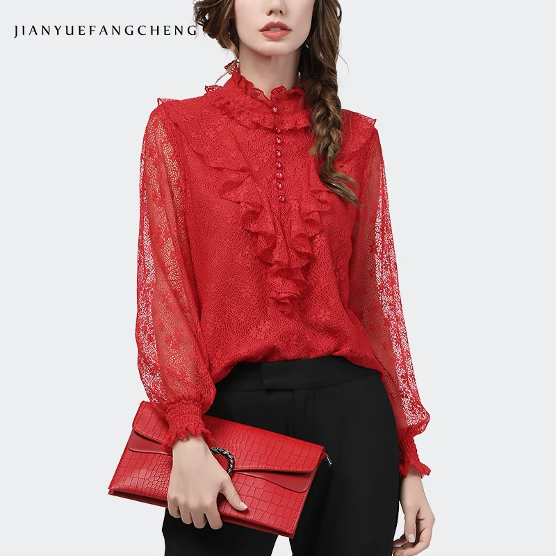 Temperament Red Lace Blouse Women Long Sleeve Fashion All-Match Hollow Out Beaded Ruffles Tops 2021 Spring Ladies Office Blouses