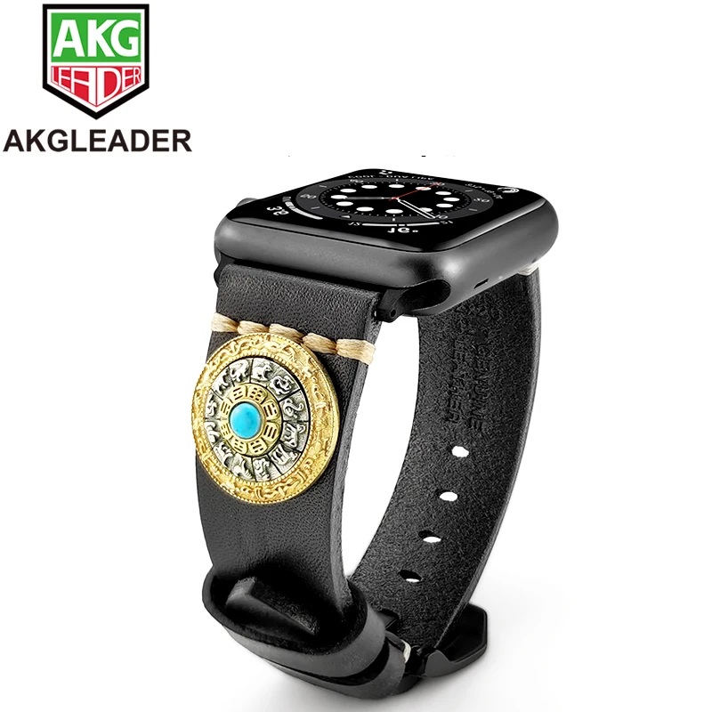 

AKGLEADER Leather watch band with Hand Spinner fidget Zinc Alloy for apple watch 1 2 3 4 5 6 Strap 40mm 44mm iwatch bands