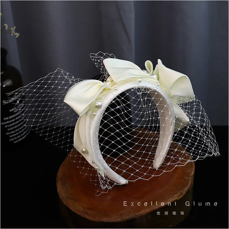 Handmade Pearl Beading Hairbands for Women Big Bow Wide Headband 2020 Wedding BrideParty Church Cocktail  Veil Face Headdress