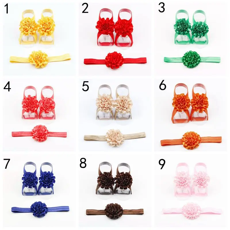 Yundfly Cute Baby Girls Newborn Flower Headband with Ribbon Flower Barefoot Sandal Shoes Set Children Accessories Photo Shoot