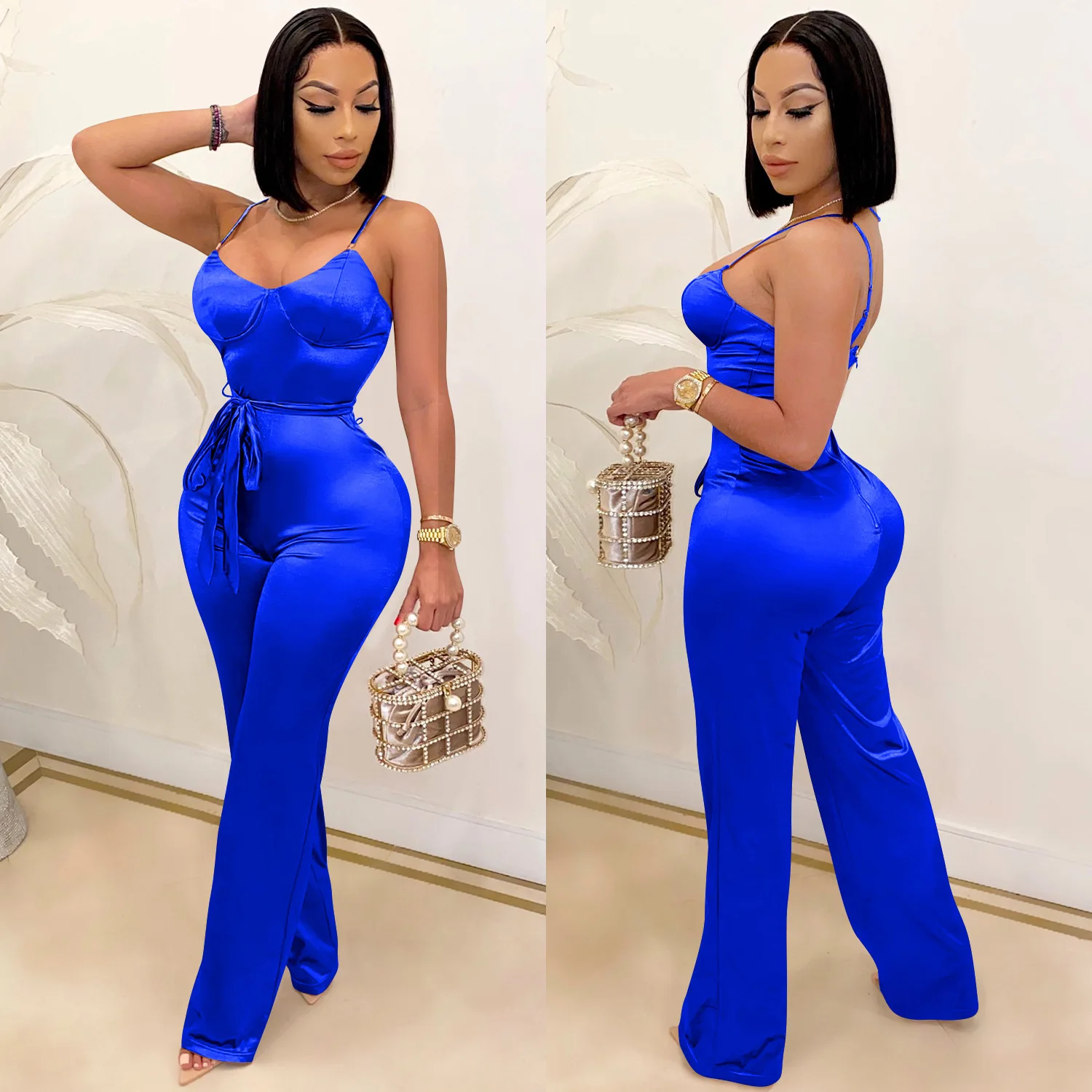 New Women Spaghetti Strap Sleeveless Straight Jumpsuit Women Sexy Club Open Back High Waist Rompers One Piece Overalls