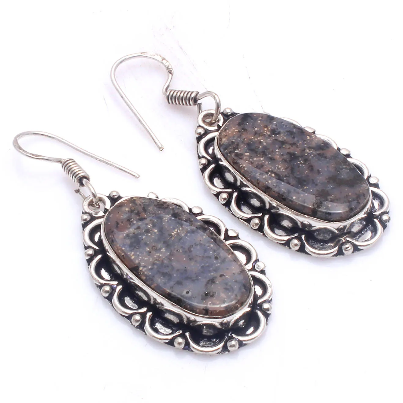 Genuine  Honey Dendrite Opal  Silver Overlay on Copper Earrings ,Hand made Women Jewelry Gift , 49  mm,  E5768