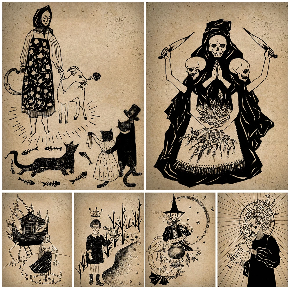 Witch Of The Moon Art Print Baba Yaga And Medusa Vintage Wall Art Canvas Painting Home Decoration Poster And Prints Unframed