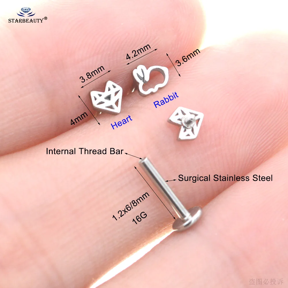 New 2Pcs 16G Bar Hollow Rabbit Earrings Heart Nose Stud Labret Ear Piercing Helix Tragus Cartilage Conch Lip Ring серьги Jewelry