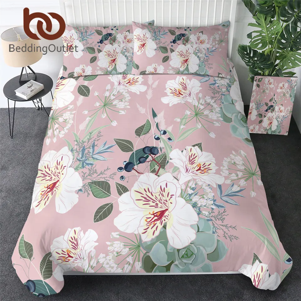 

BeddingOutlet Blooming Flowers Bedding Set Watercolor Trendy Quilt Cover 3pcs Botanical Home Textiles Elegant Chic Pink Bed Set