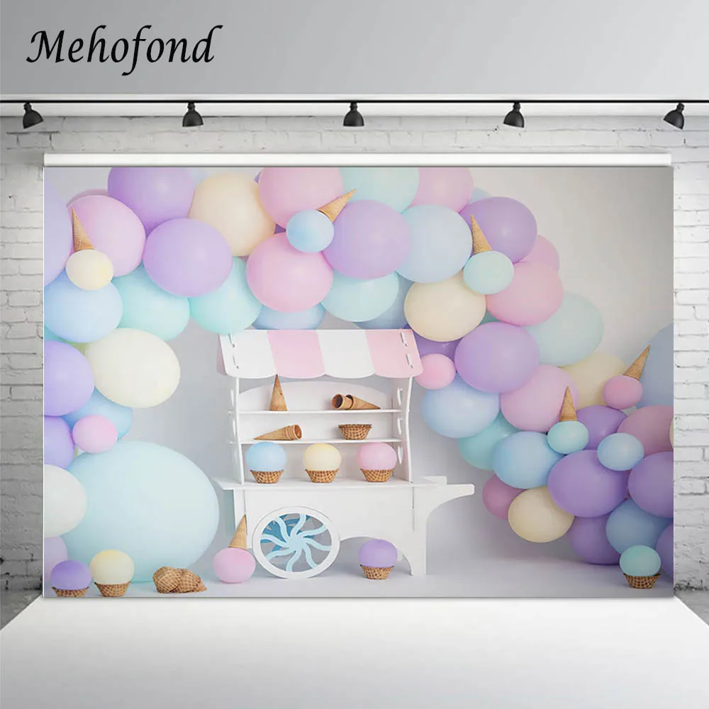 

Mehofond Baby Birthday Cake Smash Backdrop Ice Cream Cart Macaron Balloon Newborn Photography Background Photo Studio Photoshoot