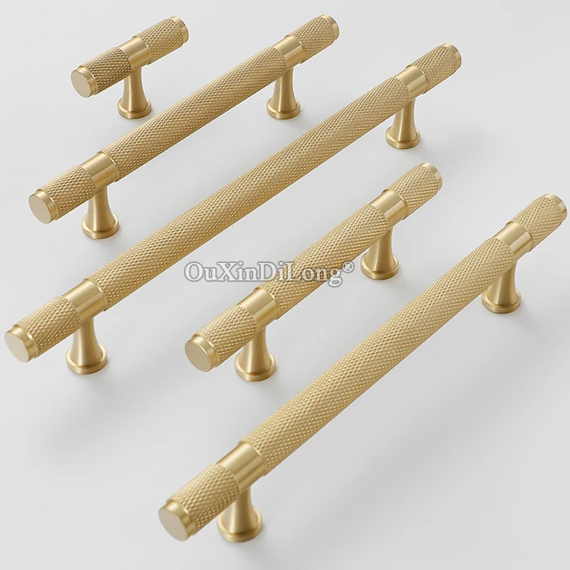 Plus Length 10PCS Solid Brass Knurled T-Bar Furniture Handles Drawer Pulls Cupboard Wardrobe Shoe Kitchen TV Cabinet Pulls Knobs