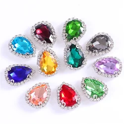 Glitter Sewing Crystals Teardrop Glass Sew On Rhinestones With Silver Bottom Flatback Stones For Clothes Shoes Diy