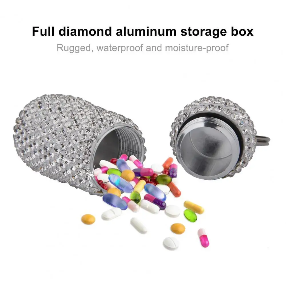 Medicine Organizer Bottle Pill Box Tablet Holder Sparkling Fine Workmanship Full Rhinestone Aluminum Alloy Vial for Hiking