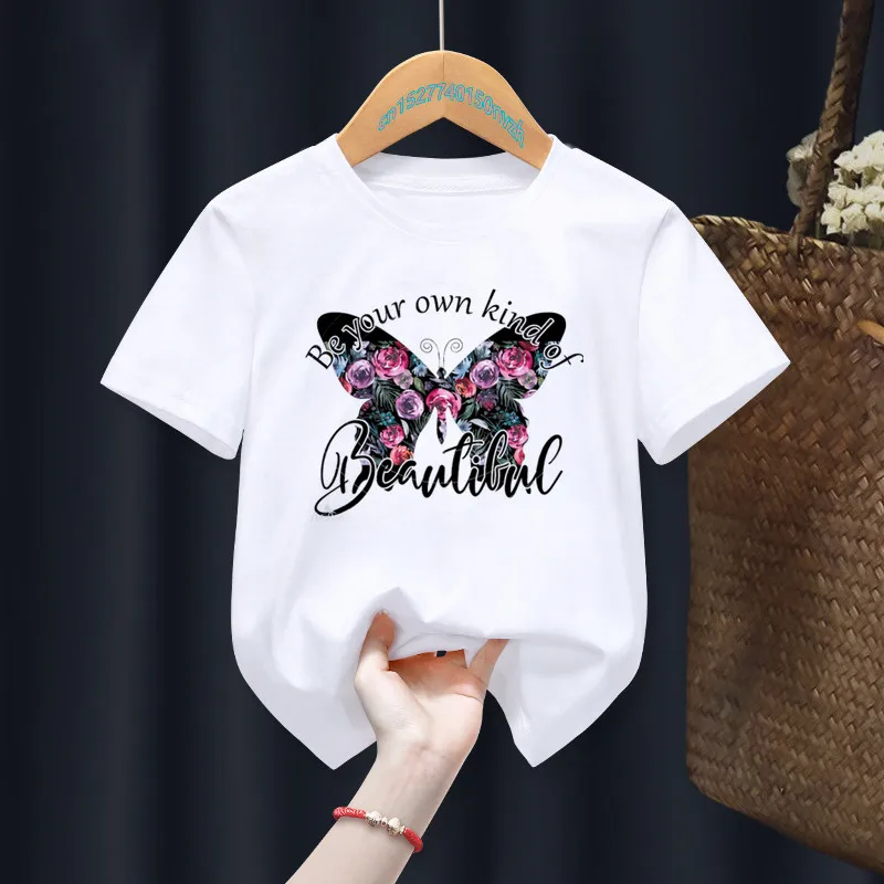 Floral Watercolor Butterfly Print Boy Girl White T-shirt Kid Summer Harajuku Kawaii Funny Clothes Little Baby Clothes,Drop Ship