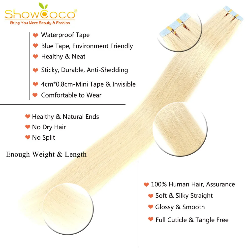 ShowCoco-Cinta adhesiva reemplazable para extensiones de cabello humano, 100% cabello humano, 12-24 pulgadas, 20/40 piezas