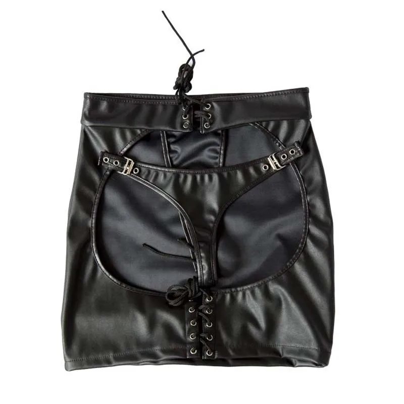 Sexy Womens Faux Leather Thong Back Backless Mini Skirt Stretch to Fit Soft Open Butt with Panties Fetish Cosplay Costume