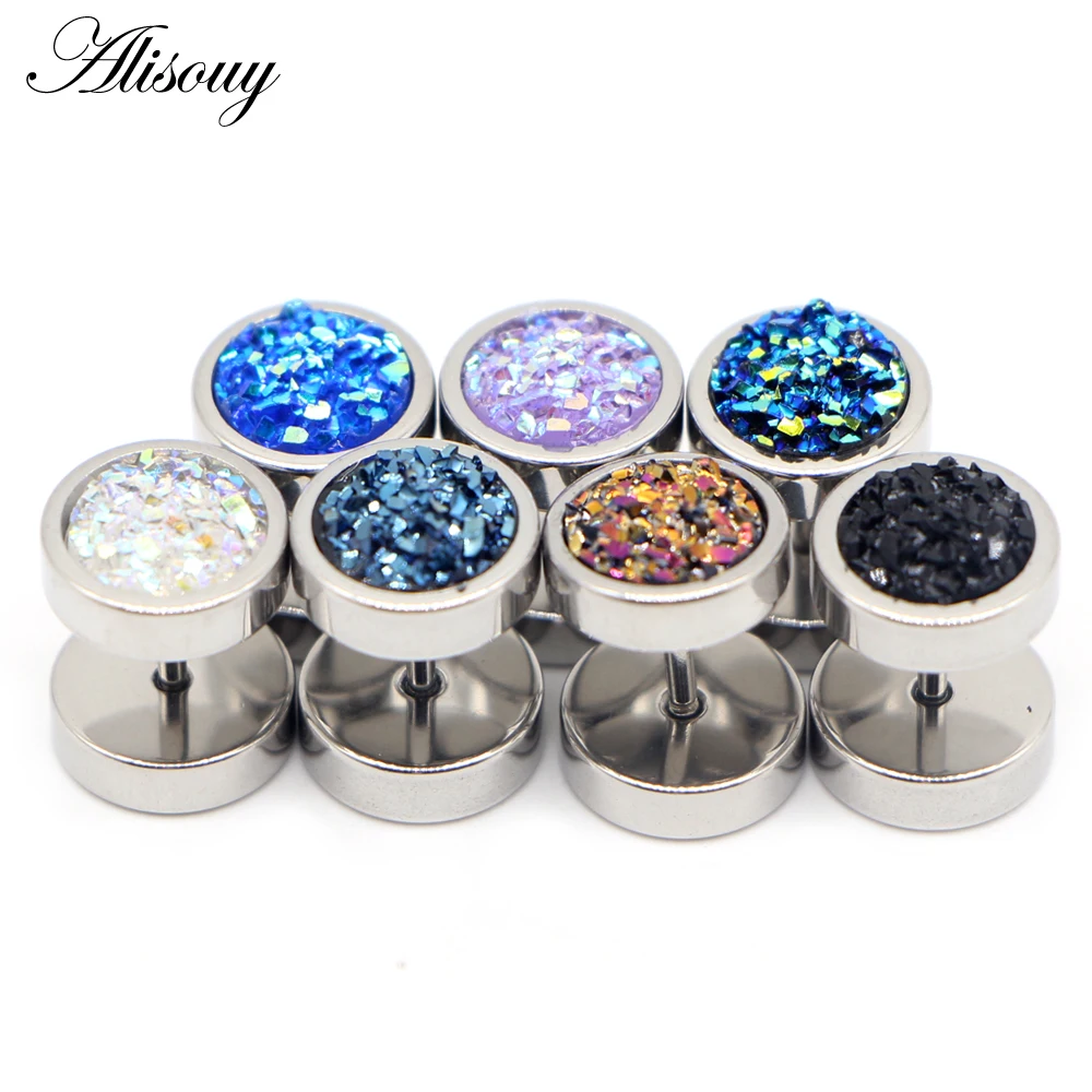 Alisouy 2pc Stainless Steel Earring Punk Round Ore Crystal Men Women Dumbbells Barbell Ear Stud Earrings Piercing Jewelry