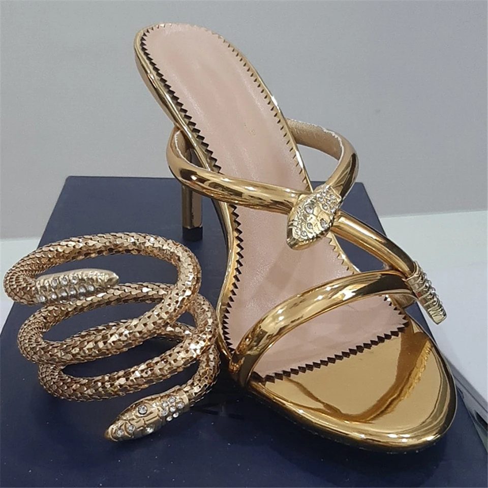 Metal Snake-Shaped Ankle Strappy Gladiator Sandals Women Thin High Heel Open Toe Slingbacks Summer Runway Mules