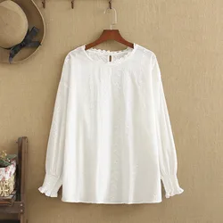 plus size Women's Shirt Pure white cotton shirt with round collar with embroidered flower pattern fat lady under 220 pounds wear