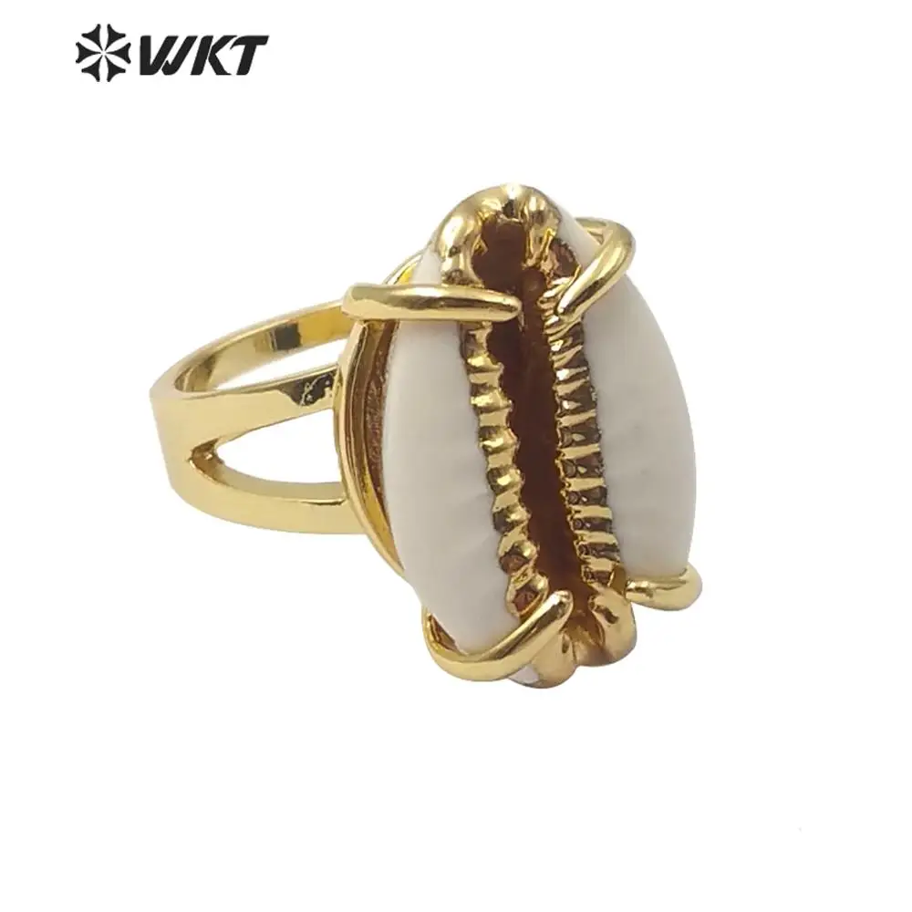 

WT-R349 WKT Beautiful Adjustable Size Gold Prong Setting Cowrie Ring Lady Fashion Natural Sea Shell Procurement Accessories