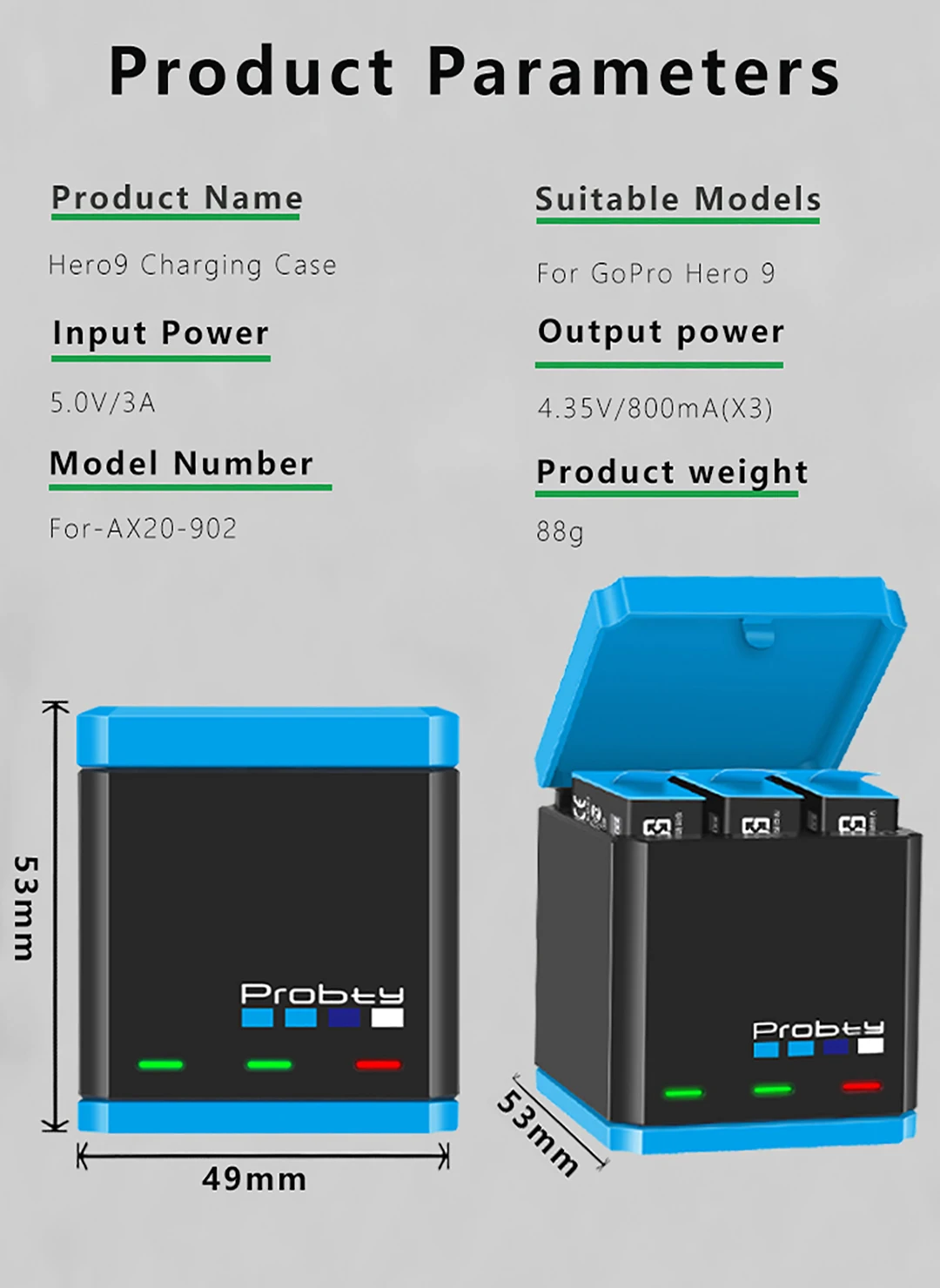 1850mAh ل GoPro بطل 10 بطل 9 3 فتحات شاحن تخزين صندوق شحن ل GoPro بطل 9 الأسود