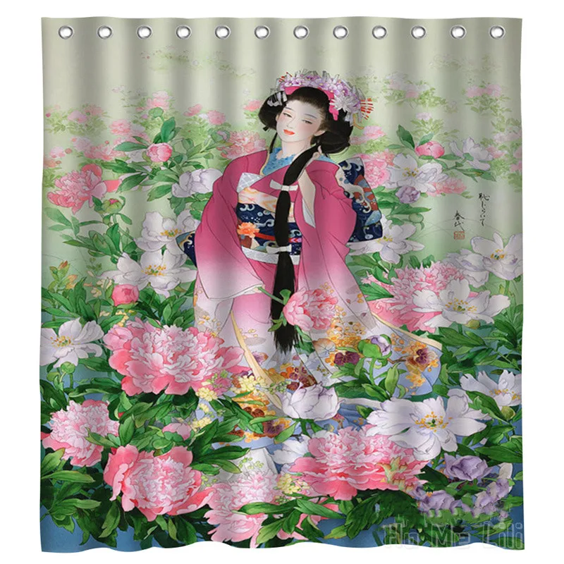 Traditional Japanese Ukiyo-e Graceful Kabuki Flowers Blooming Like A Piece Of Brocade Waterproof Shower Curtain Bathroom Decor