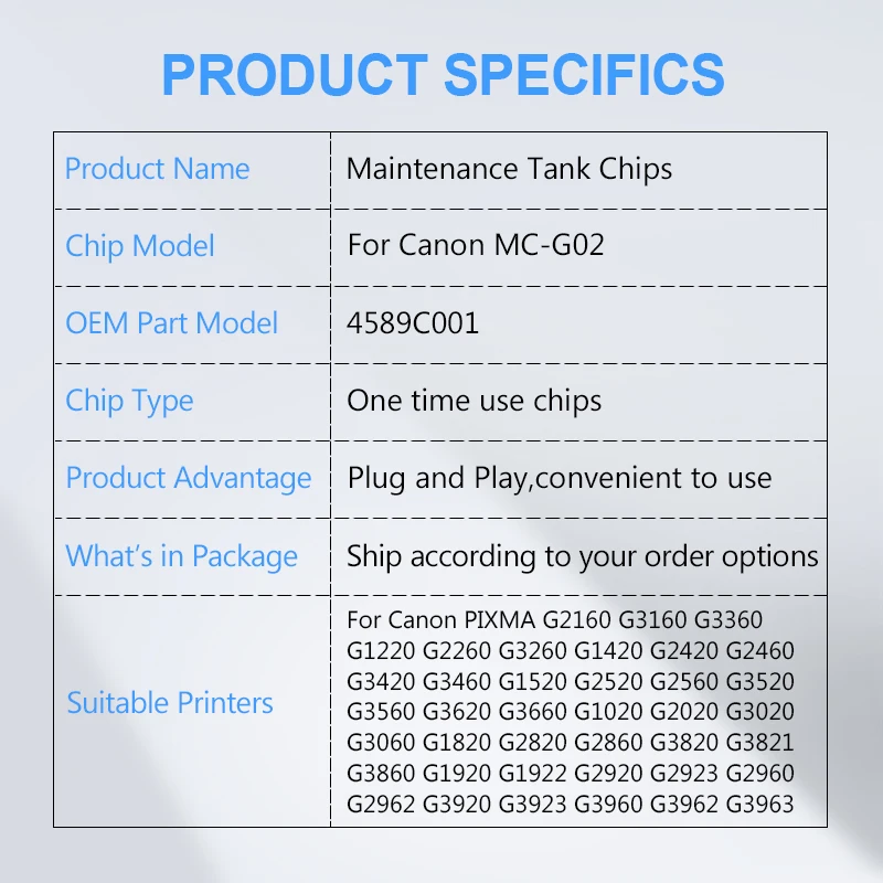 สําหรับ Canon MC G02 ถังชิปสําหรับ Canon G2160 G3160 G1220 G2260 G3260 G3360 G3620 G3660 G1020 G2020 G3020 G3060 ชิป
